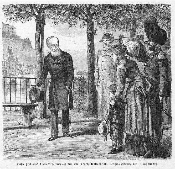 Kaiser Ferdinand I. von Österreich auf dem Kai in Prag lustwandelnd. Originalzeichnung von J. Schönberg.