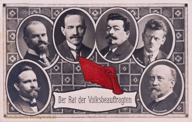 Der Rat der Volksbeauftragten 1918/19: Wilhelm Dittmann (USPD), Otto Landsberg (MSPD), Hugo Haase (USPD), Friedrich Ebert (MSPD), Emil Barth (USPD), Philipp Scheidemann (MSPD).